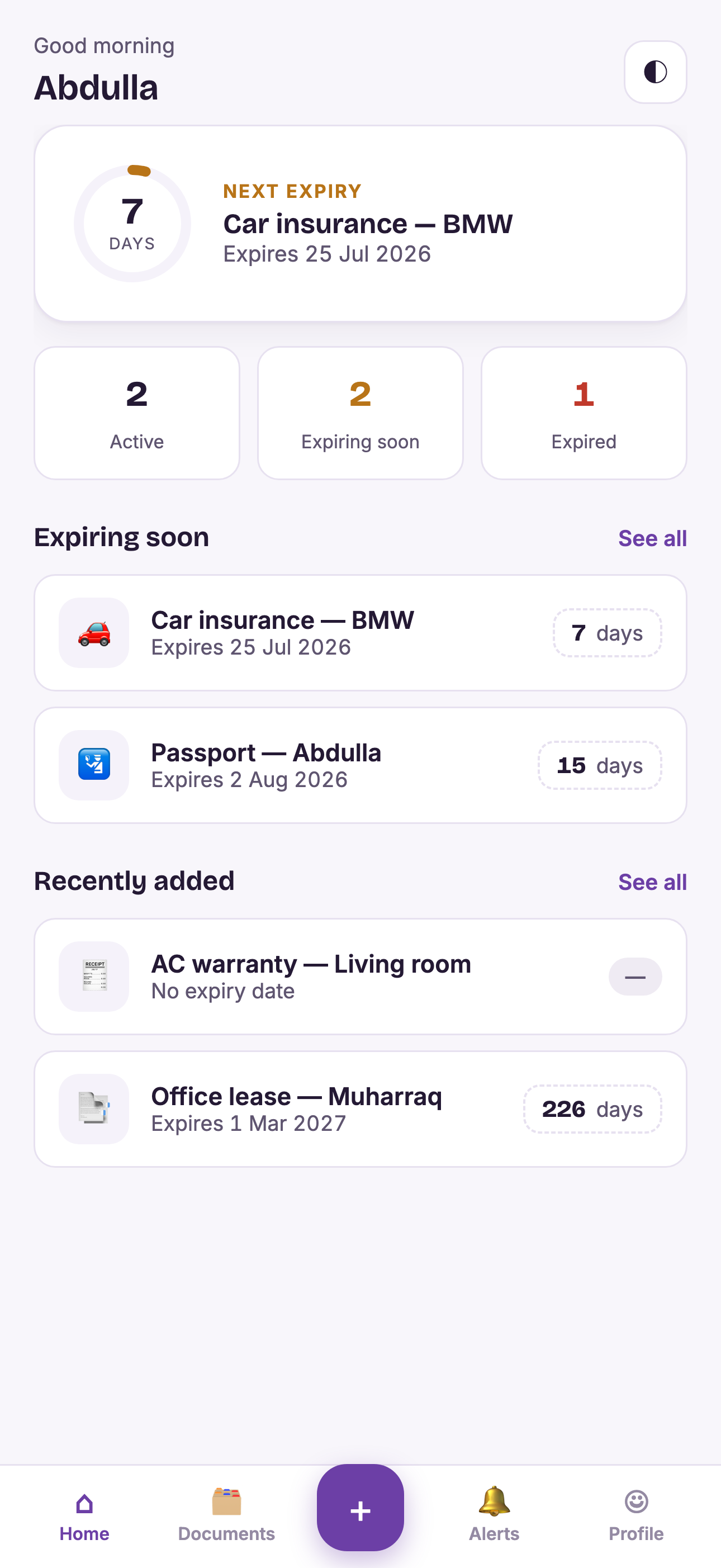 COCO home screen showing the next document to expire and status counts