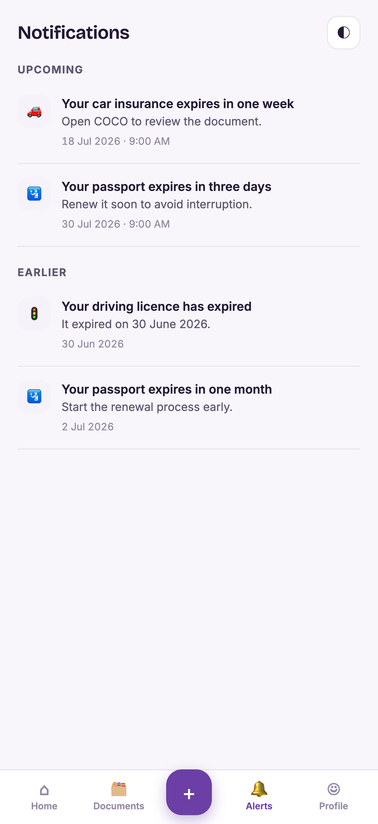 COCO notifications screen listing upcoming and past reminders