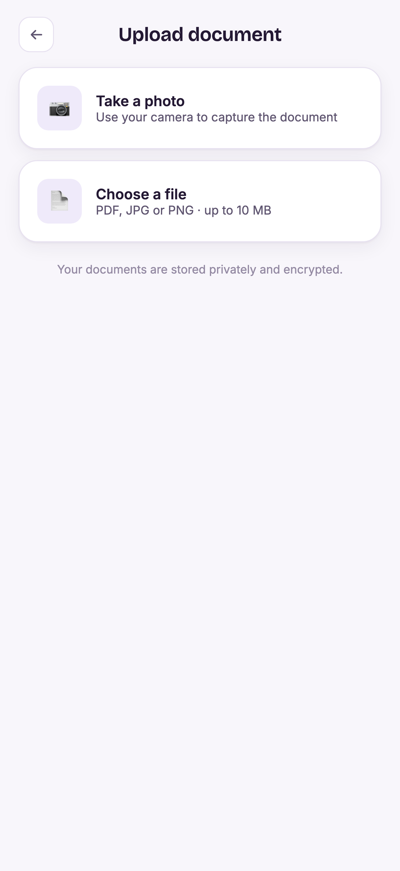 COCO upload screen with take-photo, choose-from-photos and choose-a-file options